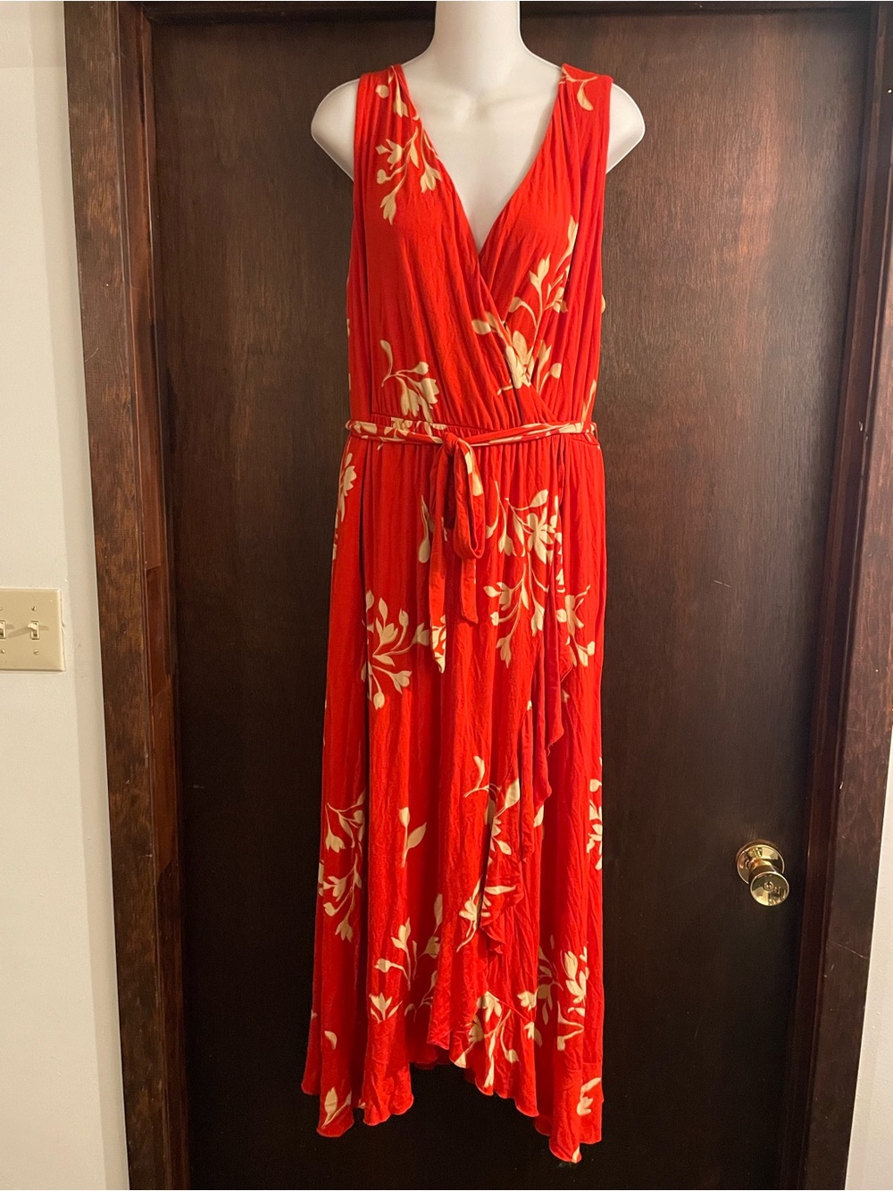 Soma Brand Women's XL Red Faux Wrap Floral Hi Low Style Dress Ultra Soft Jersey